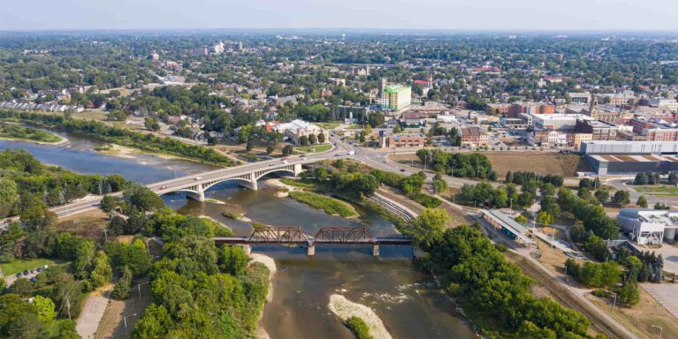Aerial view of Brantford by the river