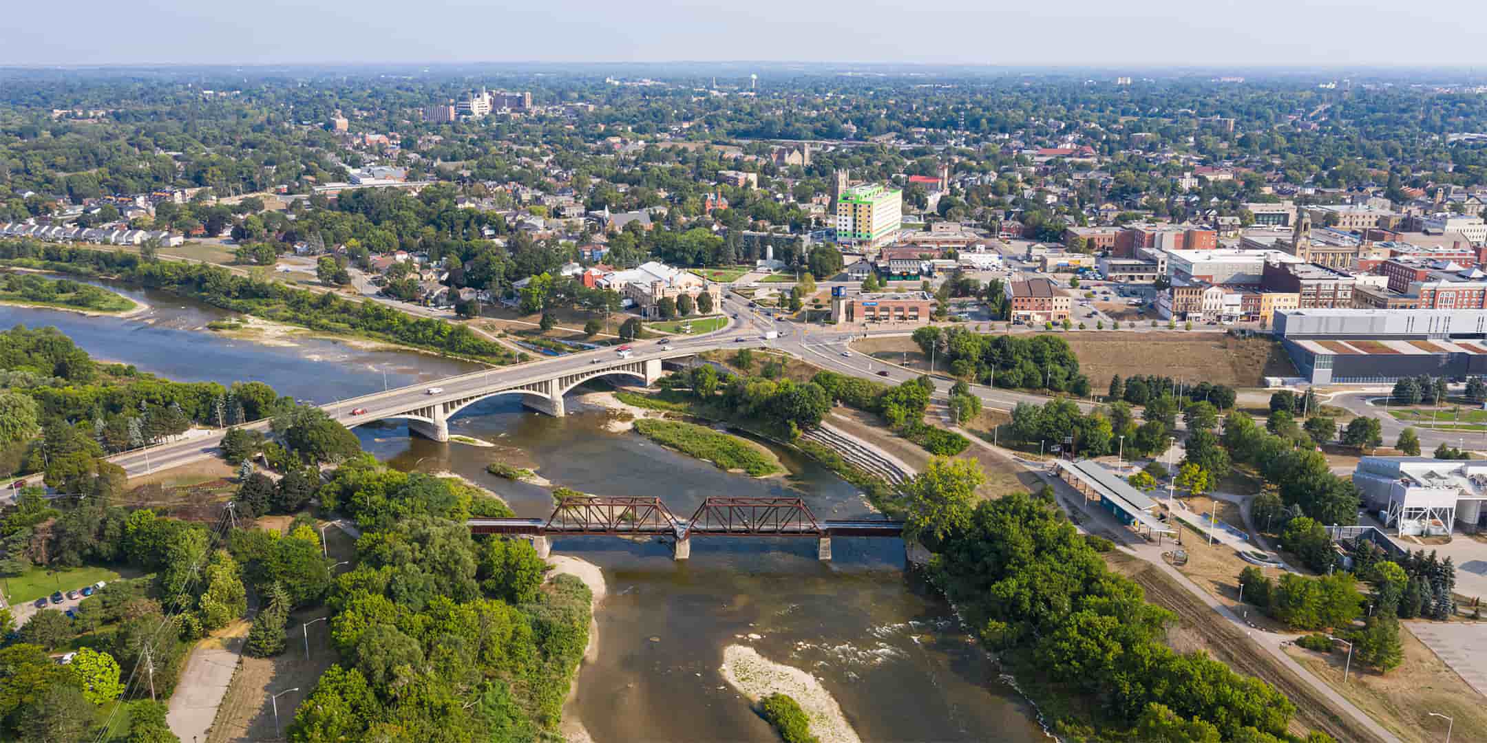 Aerial view of Brantford by the river