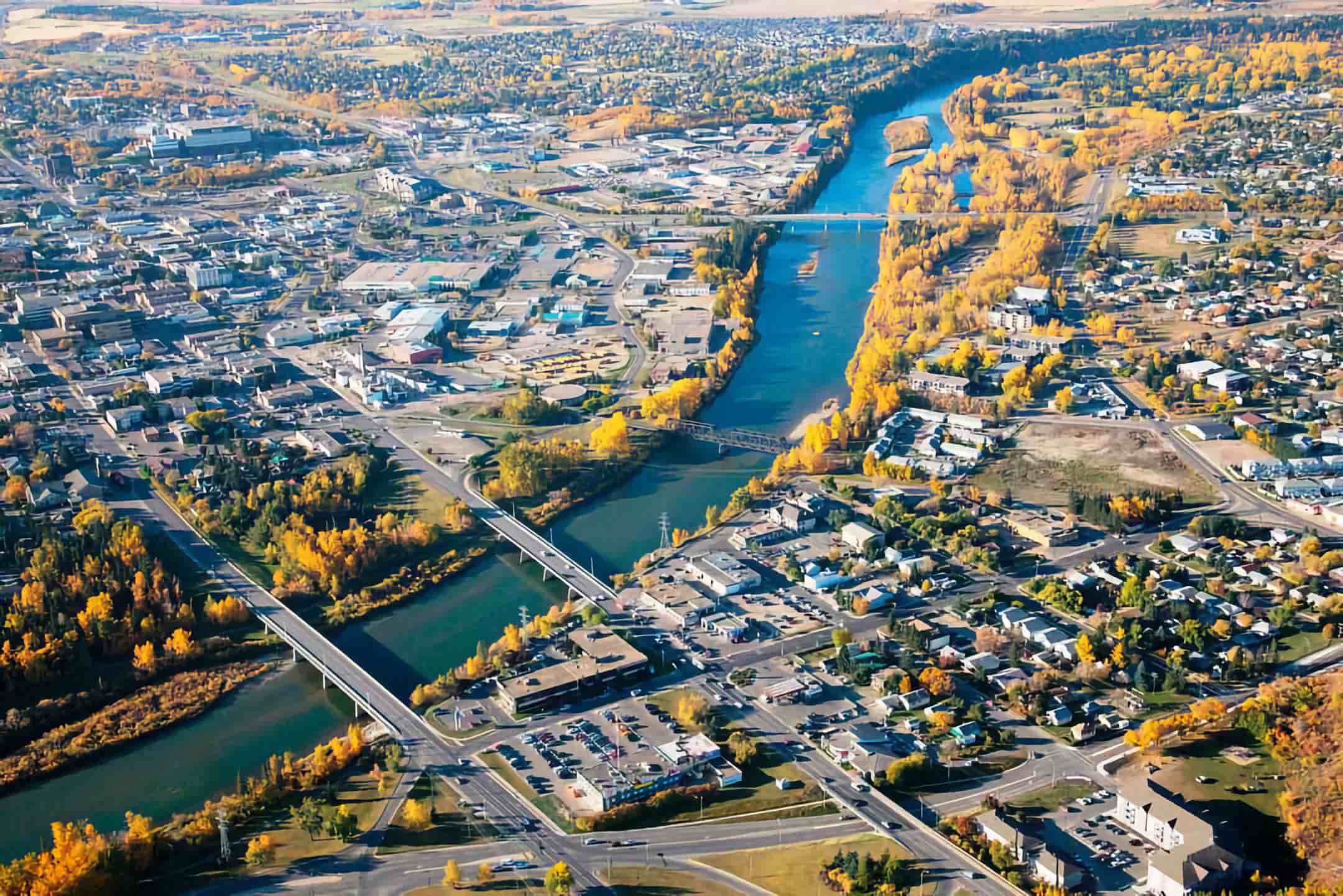 Aerial view of Red Deer Alberta by the river