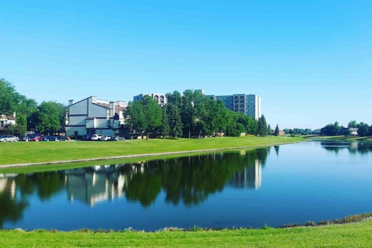 Buildings by a lake in Winnipeg